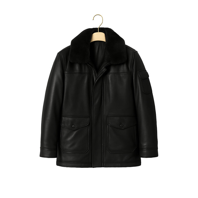 Men's Luxurious Black Front Pocket Jacket with Fur Collar