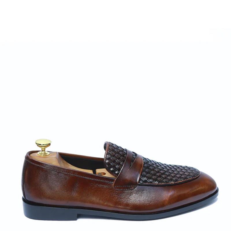 Men Handwoven Two Tone Brown Penny Leather Loafer