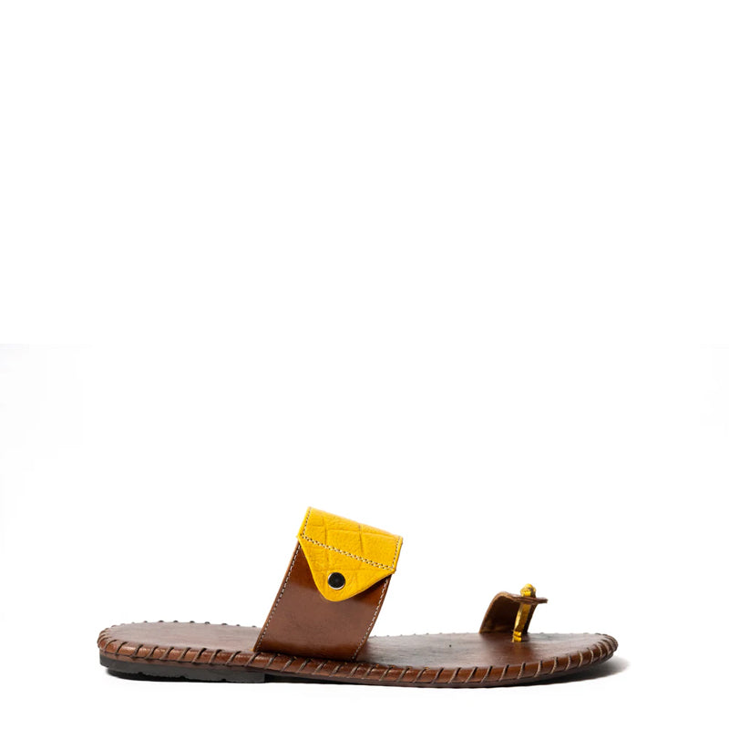 Handmade Comfort Leather Stitch Yellow and Brown Slipper