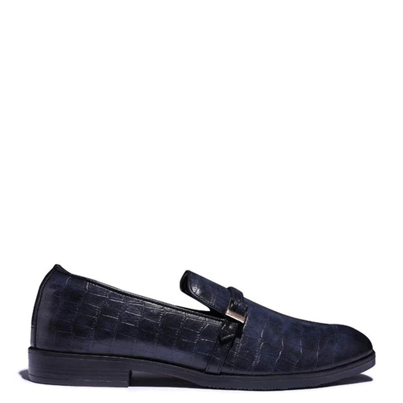 Croco Textured Leather Blue Loafer With Side Buckle