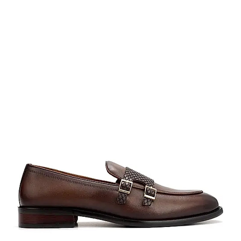 Polished Leather Textured Formal Double Monk Shoe Brown