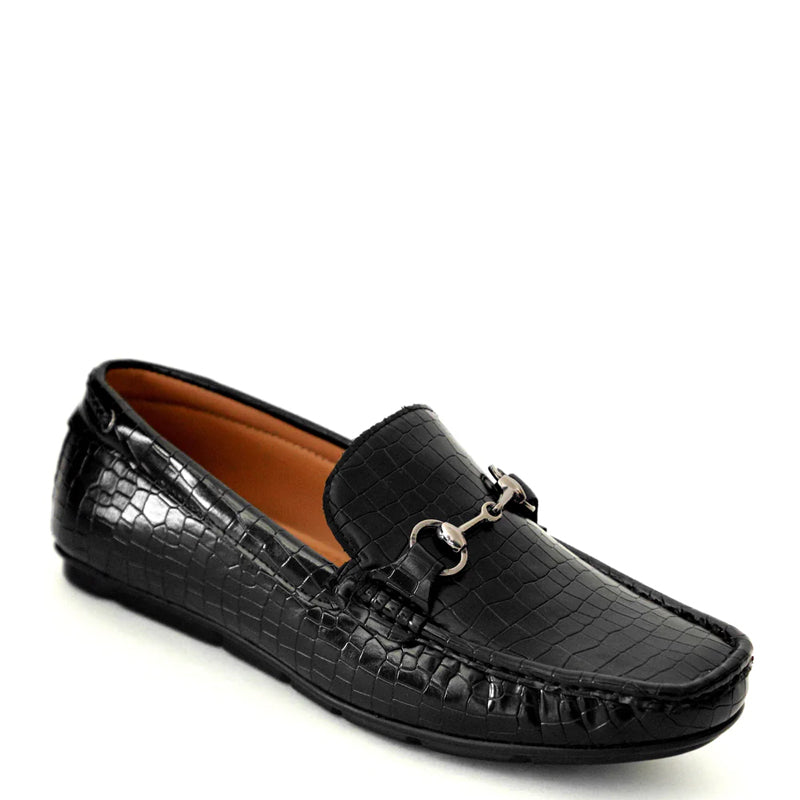 Croco Pattern Leather Horsebit Buckled Black Loafer
