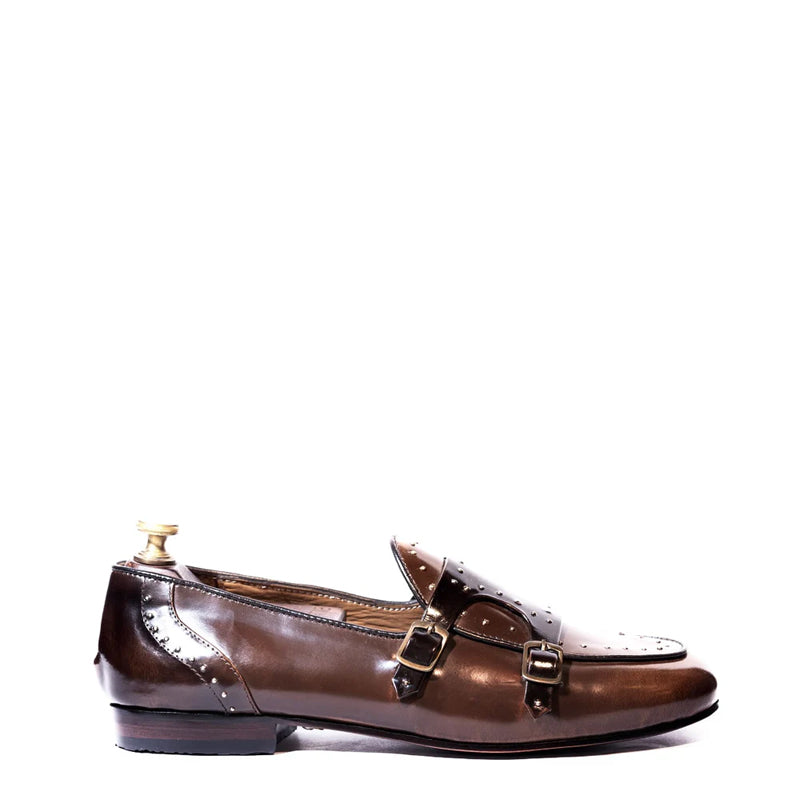 Men Handmade Double Monk Studded Brown Loafer