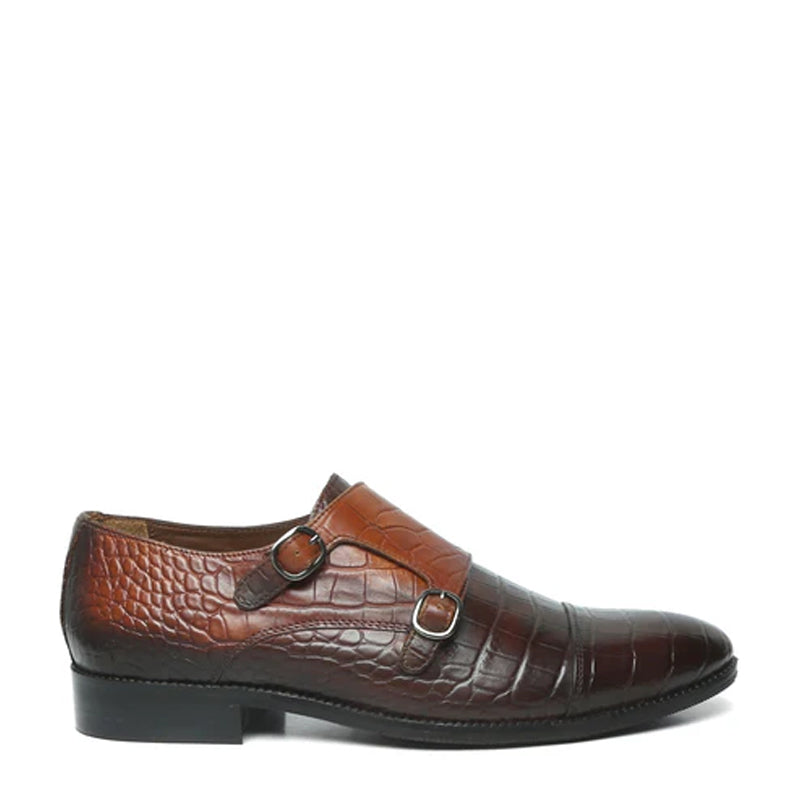 Men Croco Print Leather Double Monk Tan/Brown Shoe