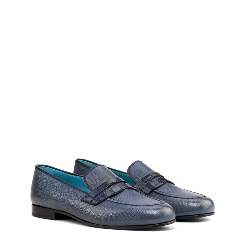 Men Textured Solid Leather Penny Blue Loafer