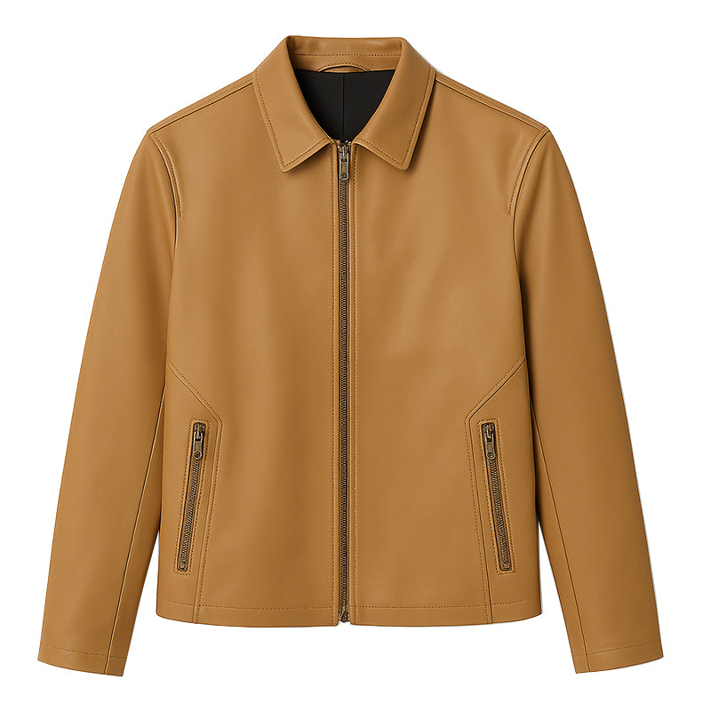 Men's Plain Casual Tan Leather Jacket with Collar