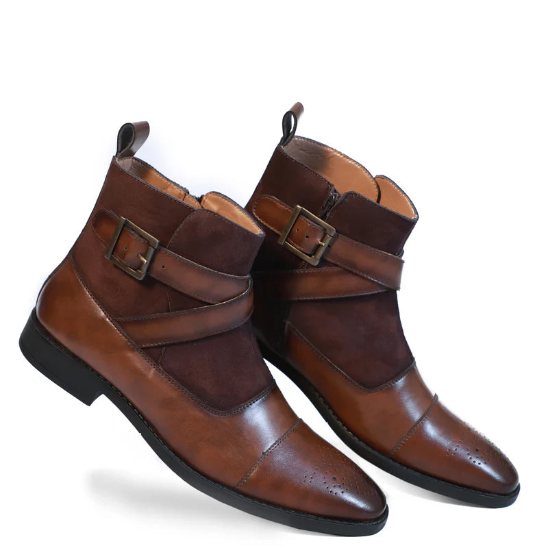 Leather Side Zip-Up Buckled Ankle Brown Boot