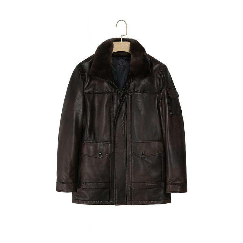 Men's Luxurious Black Front Pocket Jacket with Fur Collar