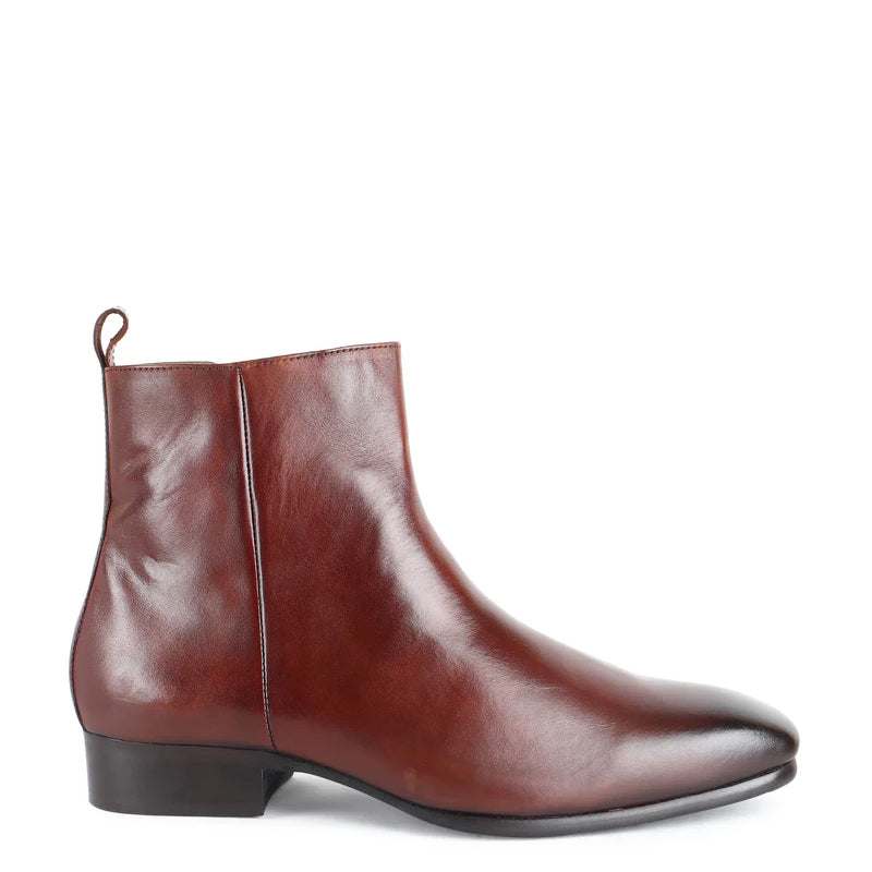 Classic Square Toe Leather Side Zipper Brown Boot