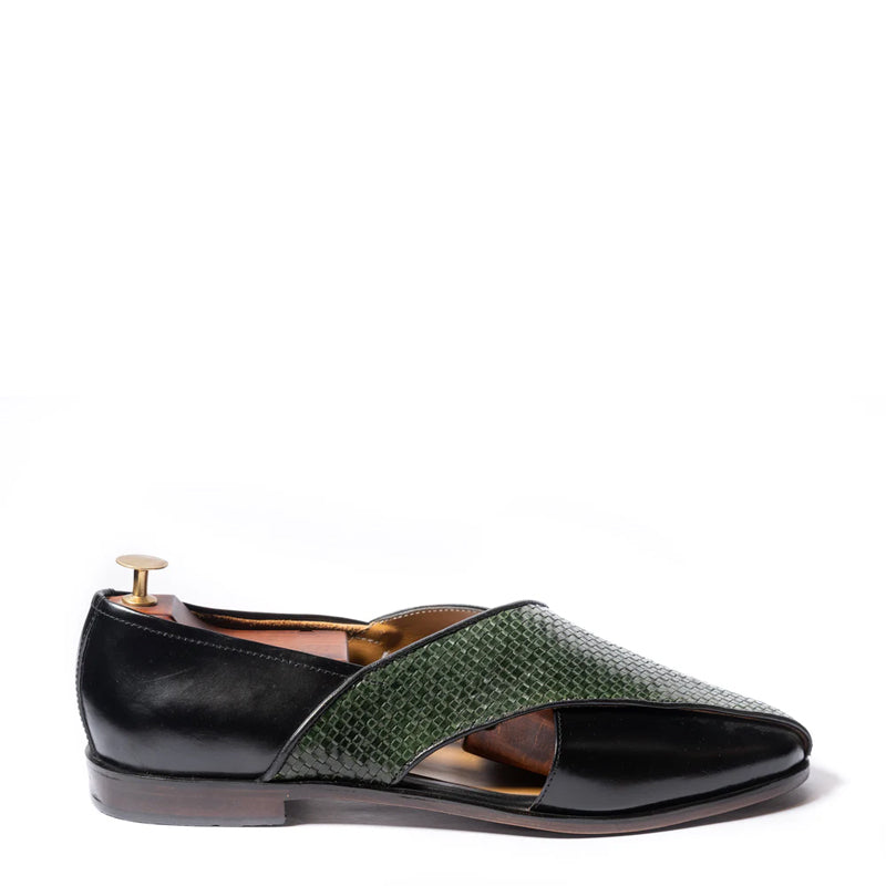 Woven Texture Shiny Leather Peshawari Black and Green Sandal