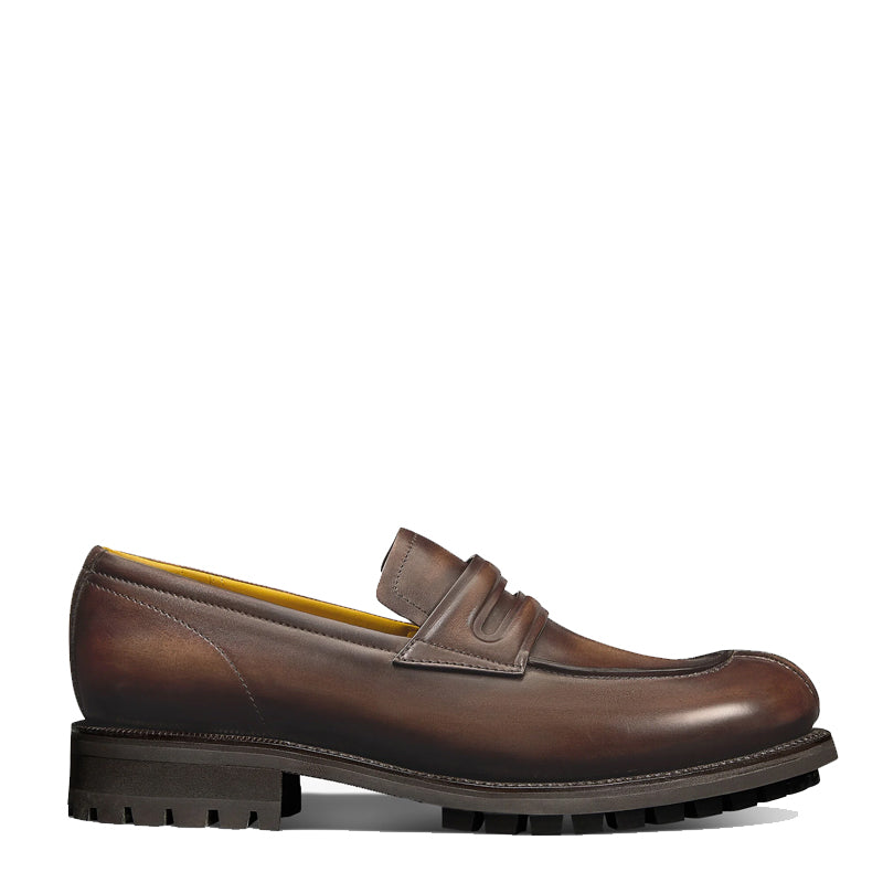 Men's Leather Brown Round-Toe Penny Loafer in Chunky Sole