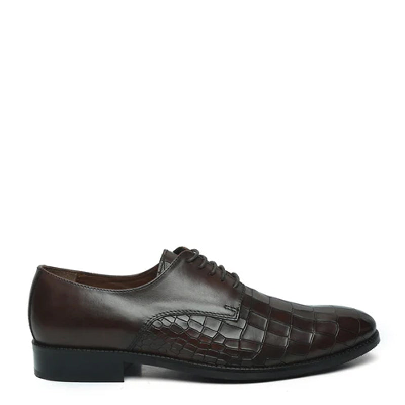 Croco Print Lace-Up Leather Derby Shoe Brown