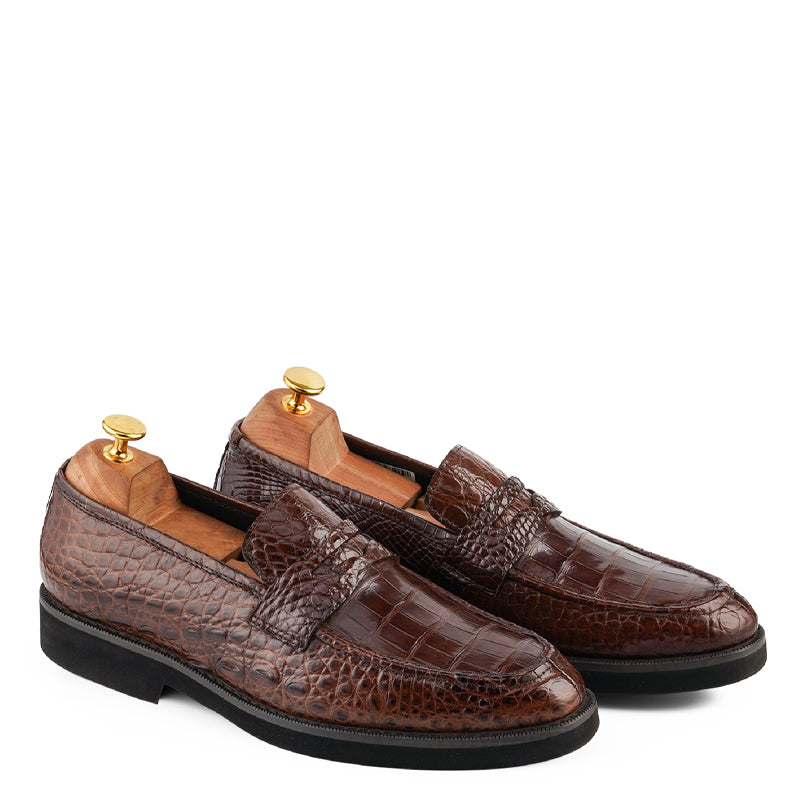 Croco Print Handmade Penny Leather Brown Loafer