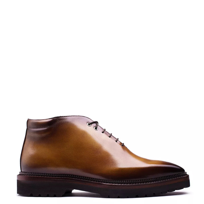 Patina Tan/Brown Wholecut Shiny Leather Derby Ankle Boots