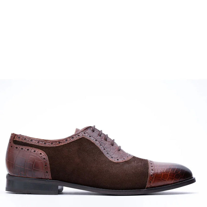 Suede Croco Textured Leather Oxford Shoe Tan/Brown