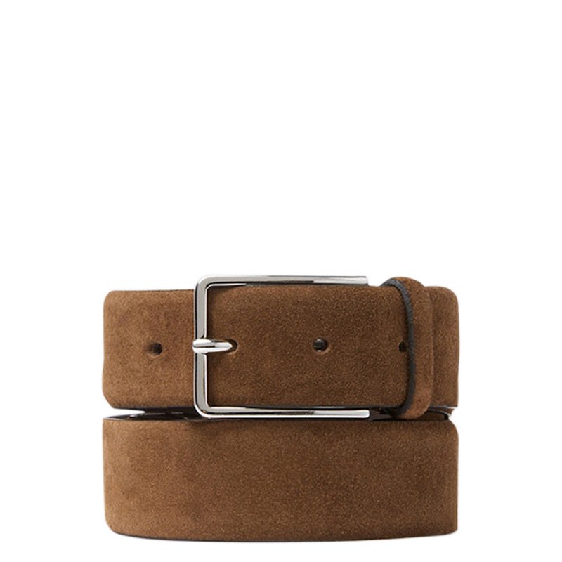 Men Suede Cognac Leather Silver Buckle Belt