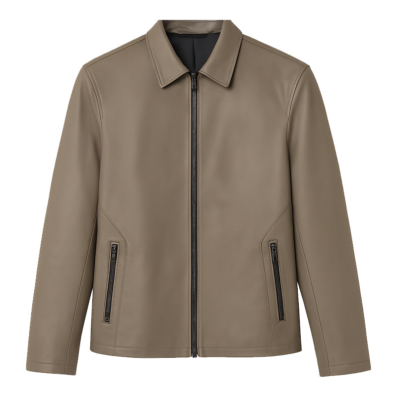 Men's Plain Casual Tan Leather Jacket with Collar