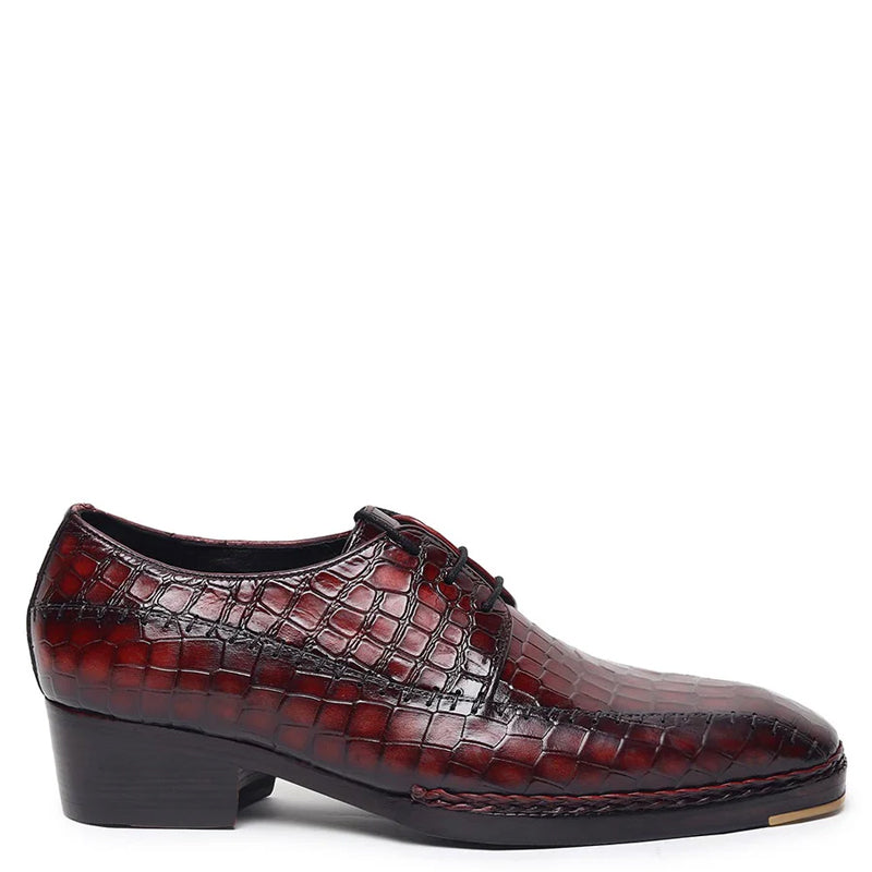 Croco Mirror Glossed Patina Leather Derby Shoe Burgundy
