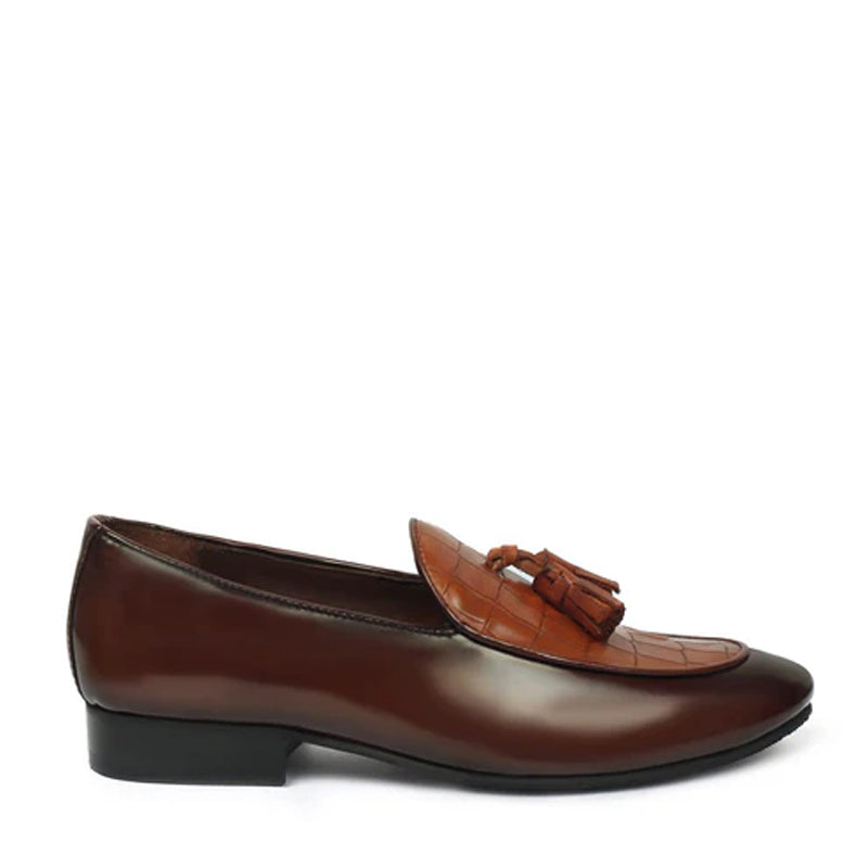 Croco Leather Tan/Brown Tassel Loafer With Deep Cut
