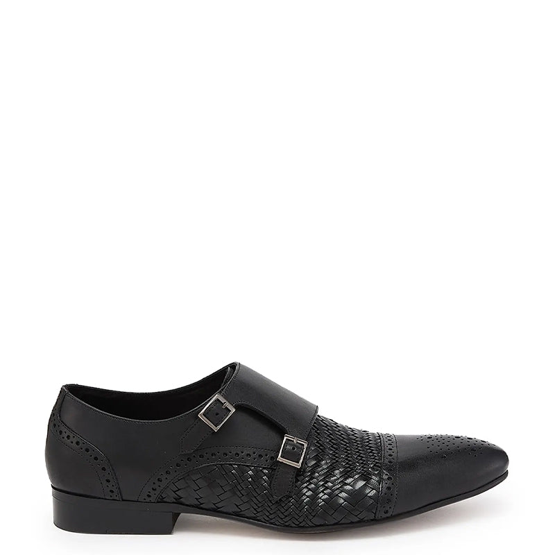 Men Woven Textured Leather Double Monk Shoe Black
