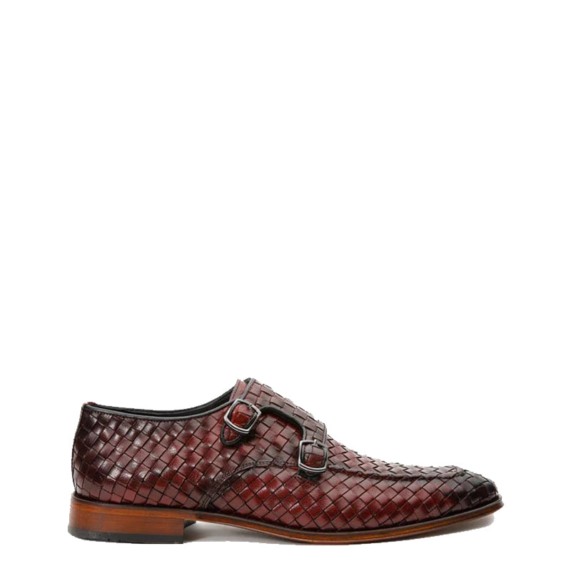 Wine Woven Double Monk Strap Men's Shoes