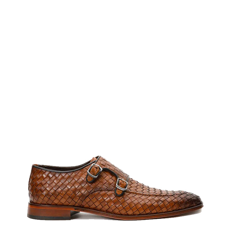Brown Woven Double Monk Strap Men's Shoes