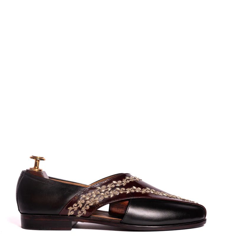 Handmade Shiny Leather Kail Peshawari Cherry and Black Sandal