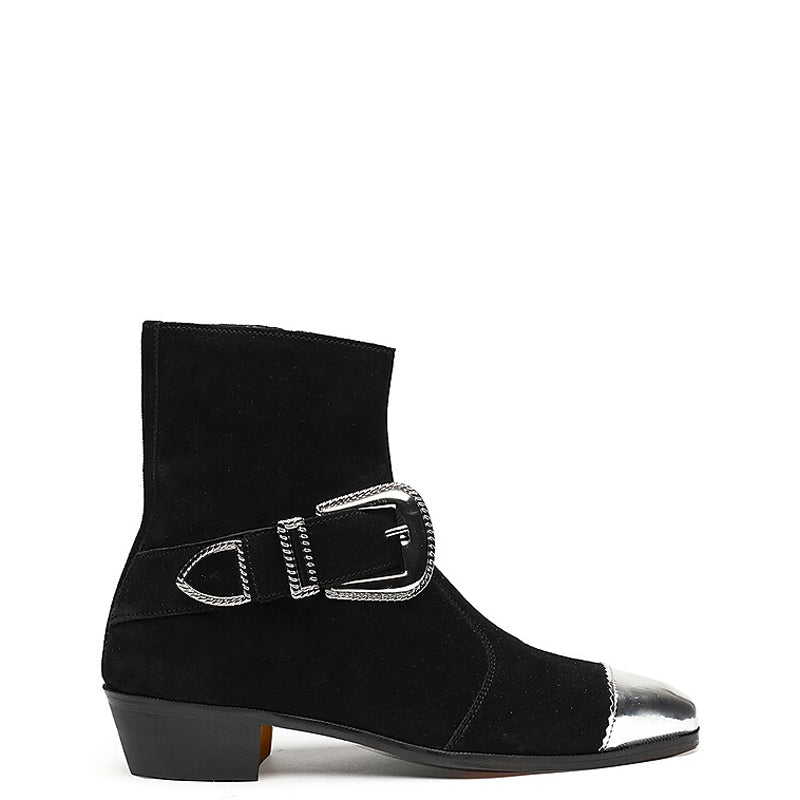 Luxury Suede Stylish Side-Zipper Black Boot With Silver Toe Cap