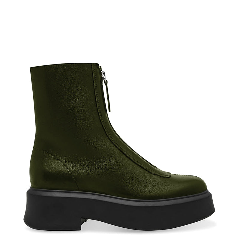 Premium Row Zipped-Front Leather Green Ankle Boot