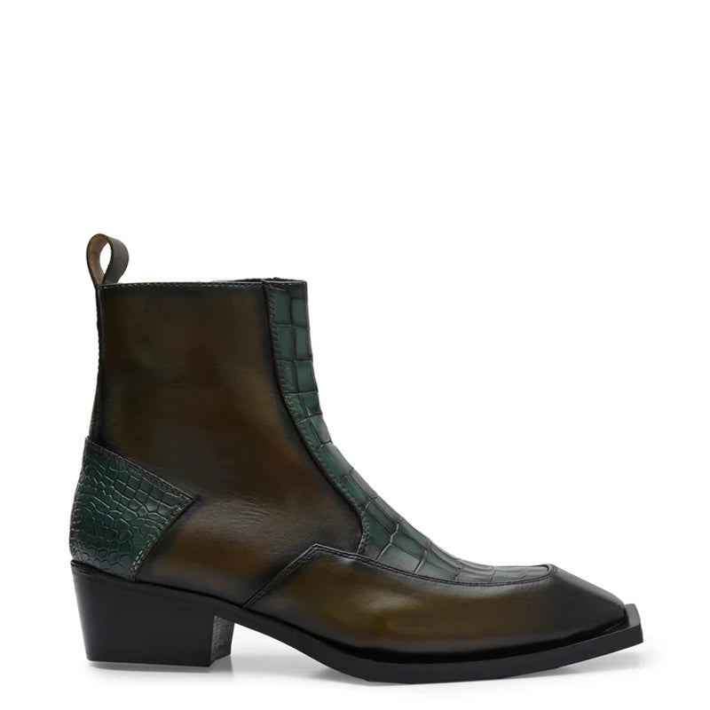 Luxury Croco Textured Leather Side-Zipper Boot Green and Brown