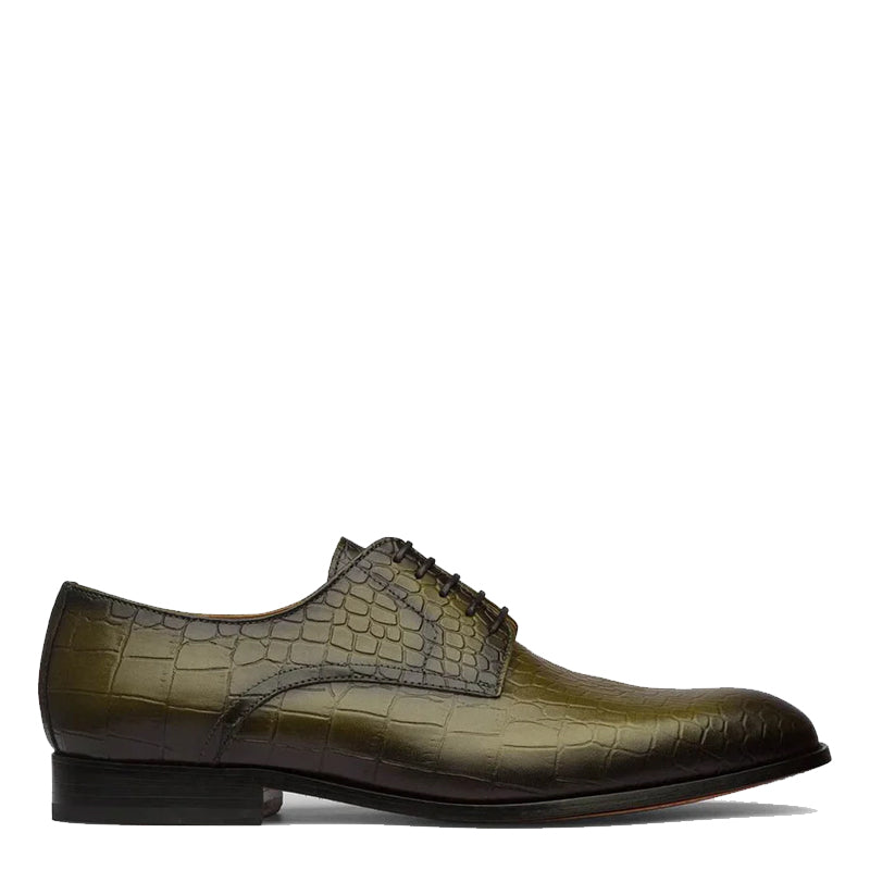 Patina Croco Print Solid Leather Derby Shoe Olive Green