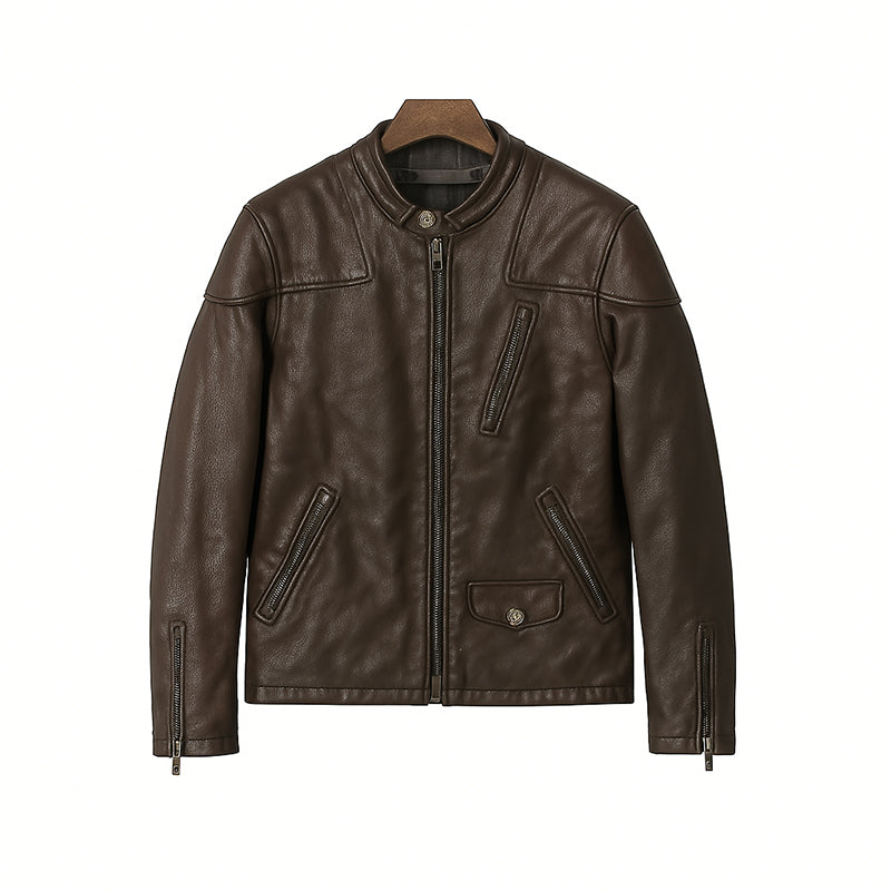 Men’s Zip-Up Vintage Blue Biker Jacket with Stand Collar & Pockets