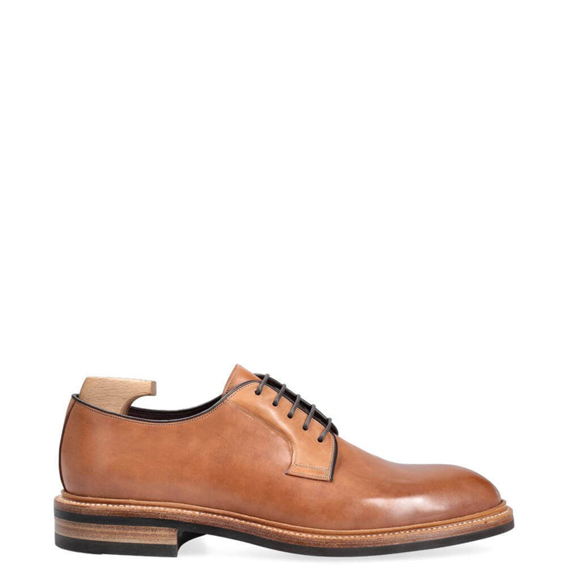 Polished Shiny Leather Plain Toe Derby Shoe Tan
