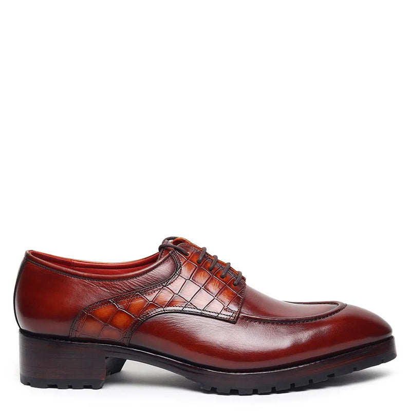 Patina Croco Textured Pattern Leather Derby Shoe Cherry
