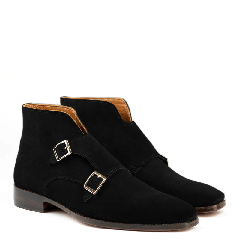 Classic Suede Leather Double Monkstraps Ankle Boot Black