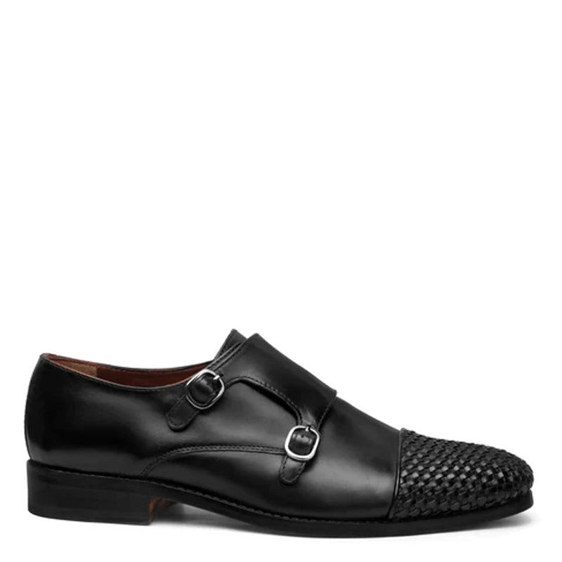 Double Monk Woven Leather Cap-Toe Black Shoe