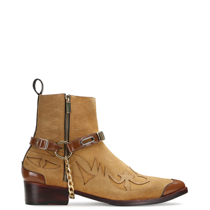 Luxury Stylish Leather Side-Zipper Tan Boot With Chain
