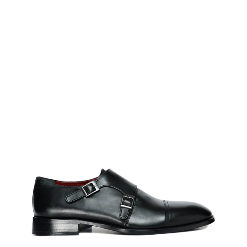 Black Leather Cap Toe Double Monk Strap Men Shoe