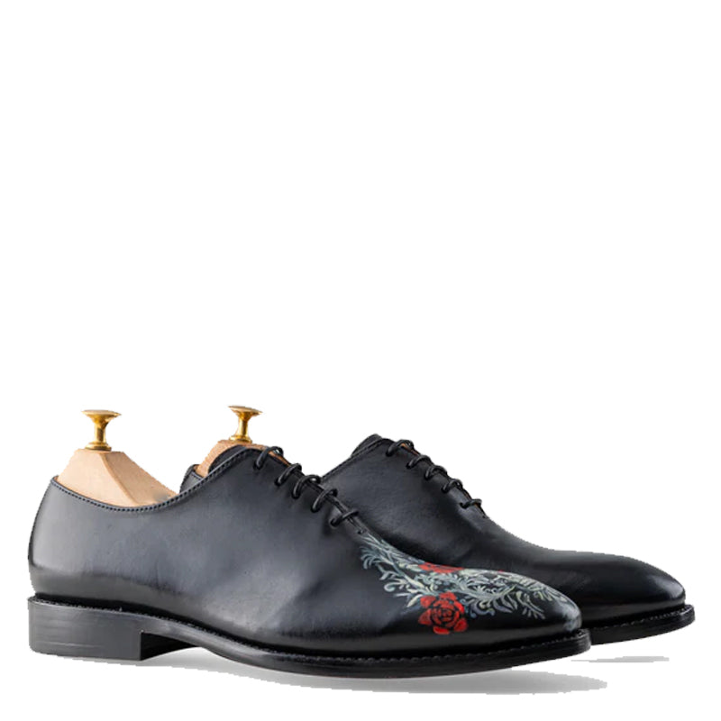 Skull Rose Black Wholecut Oxfords