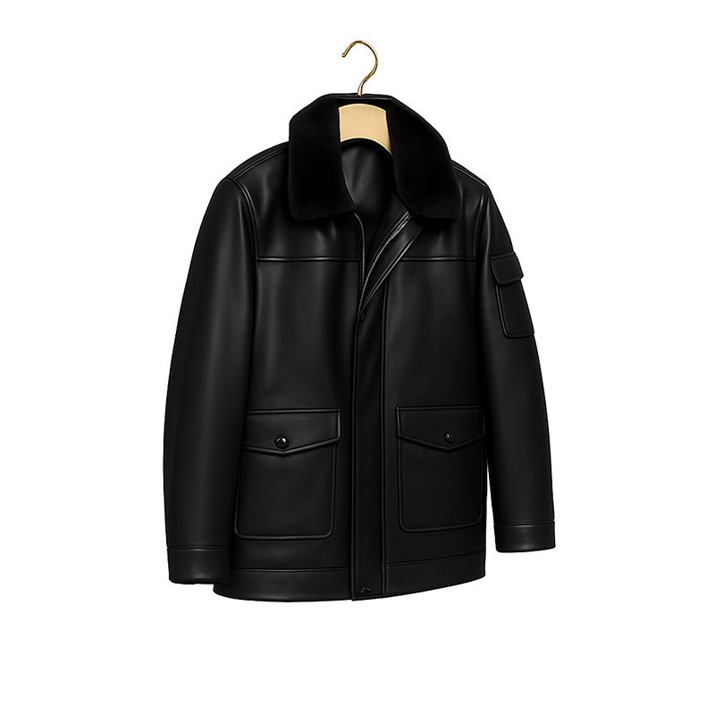 Men's Luxurious Black Front Pocket Jacket with Fur Collar