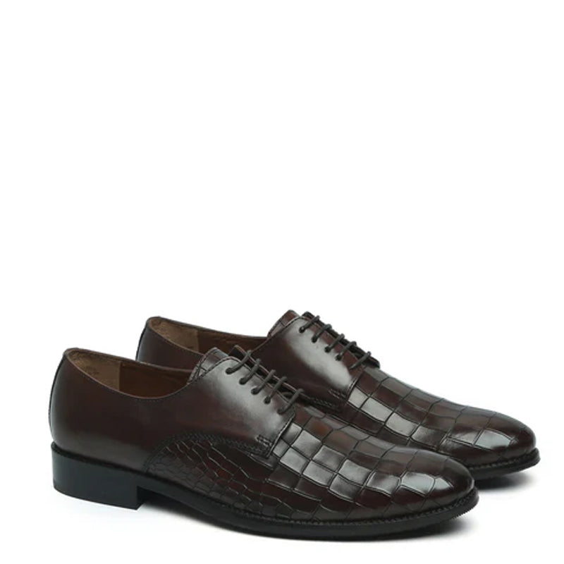 Croco Print Lace-Up Leather Derby Shoe Brown