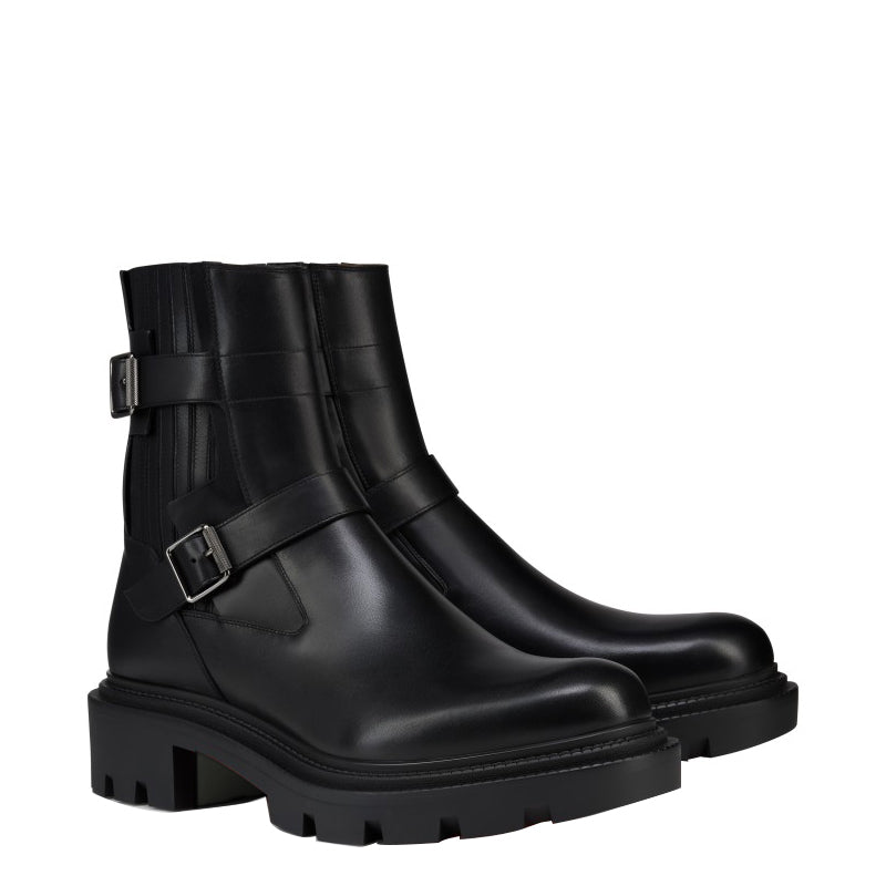 Luxury Polished Black Leather Boot with Dual Buckle Straps