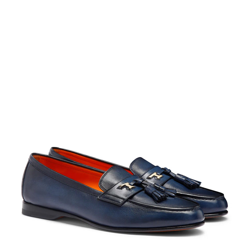 Polished Leather Tassel Blue Loafer For Men
