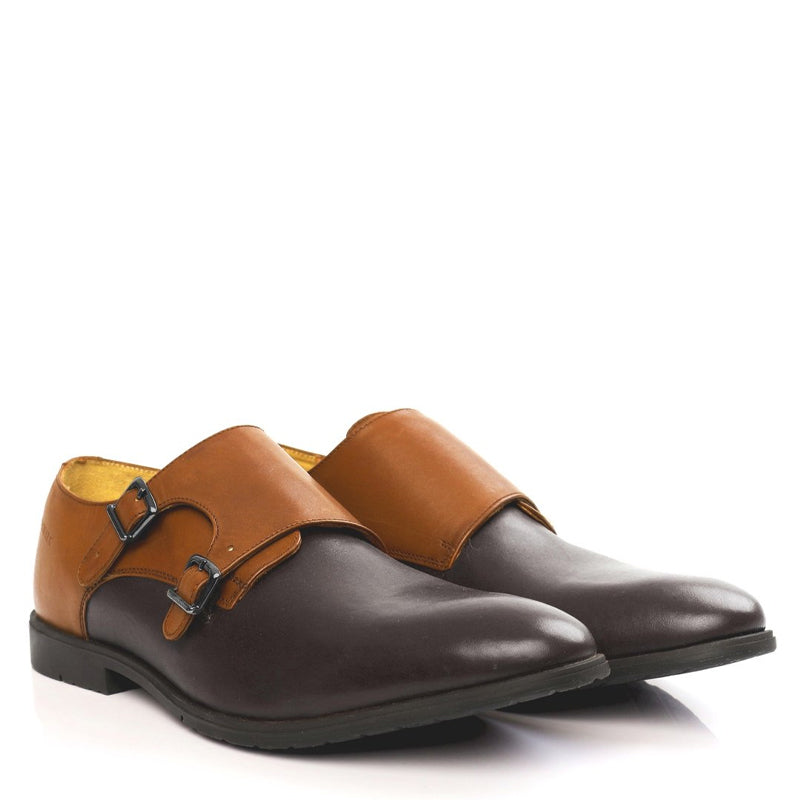 Leather Double Monk Strap Tan and Brown Shoe For Men
