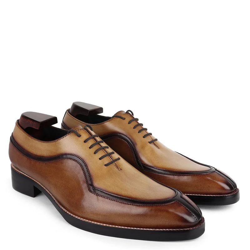Luxury Patina Split Toe Italian Leather Oxford Shoe Tan and Brown