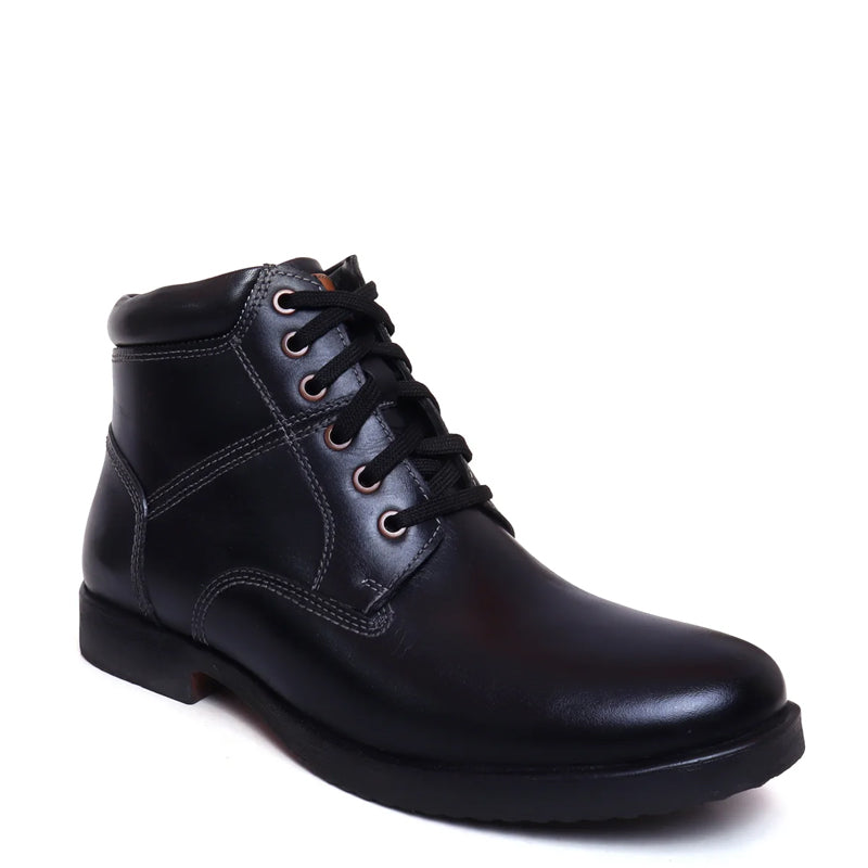 Leather Lace-Up High Ankle Boot Black for Men
