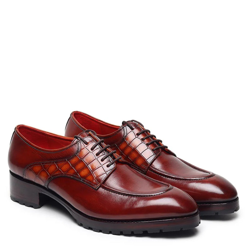 Patina Croco Textured Pattern Leather Derby Shoe Cherry