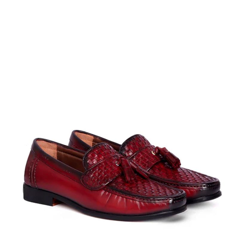 Weaved Solid Leather Tassel Loafers