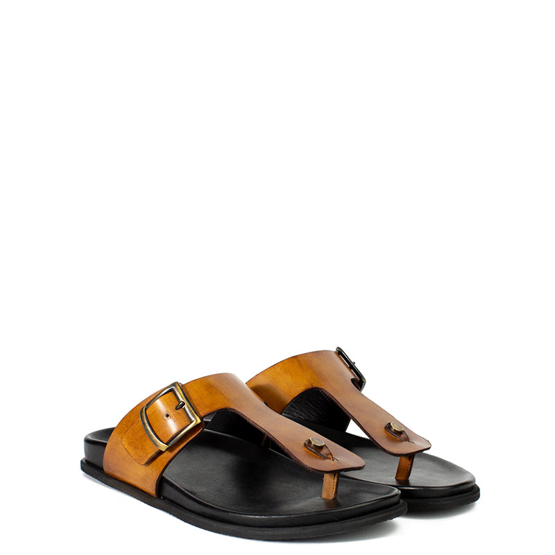 Men Slip-On Leather Tan Buckle Sandal