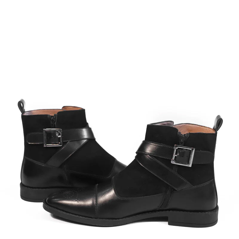 Leather Side Zip-Up Buckled Ankle Black Boot